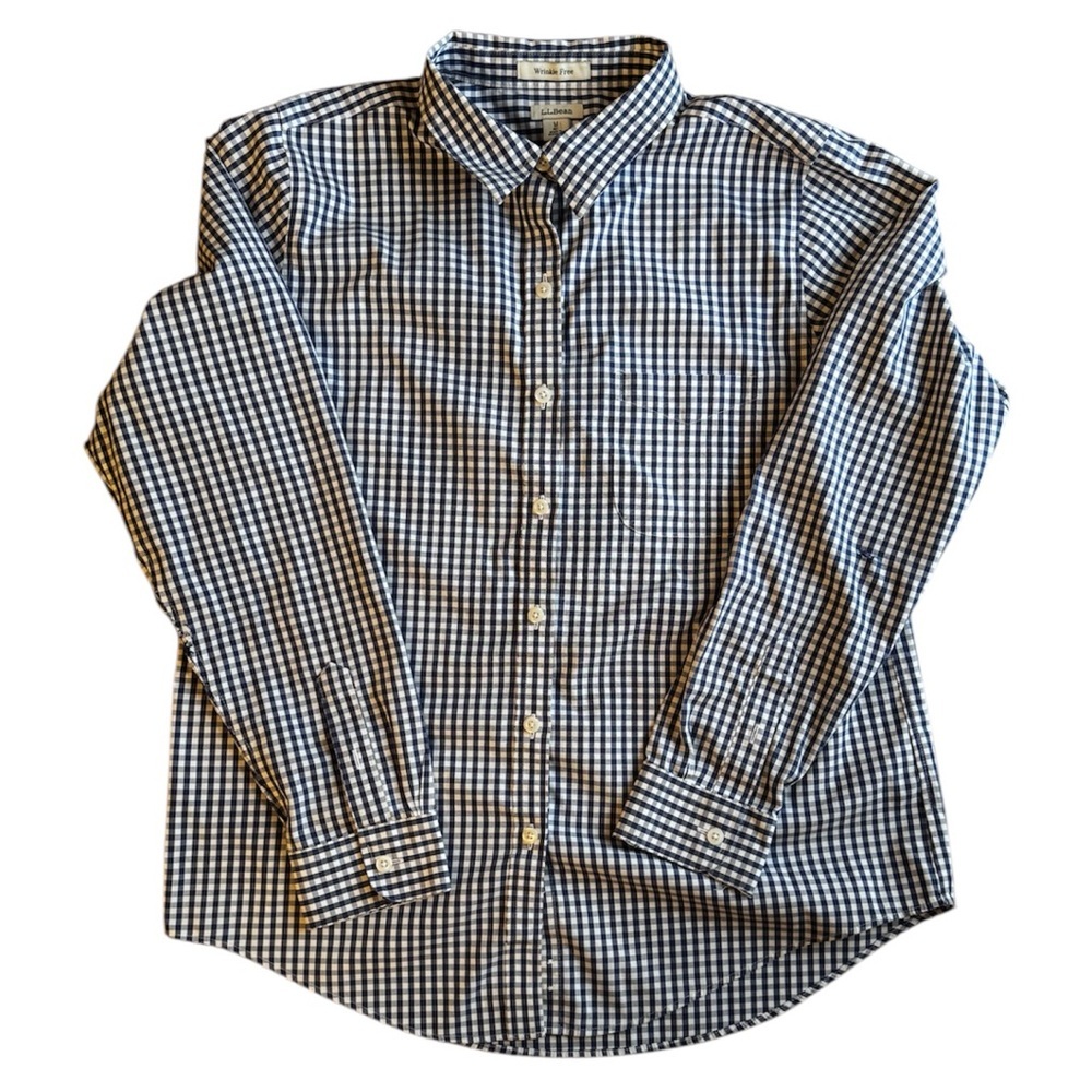 L.L. Bean Wrinkle-Free Black & White Checkered Button Down Blouse | Size Medium